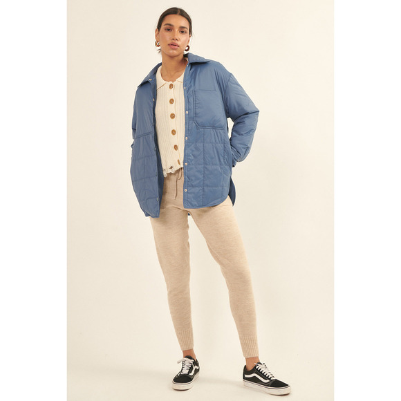 57 - Blue Solid Woven Quilted Dolphin Hem Jacket - Picture 2 of 4